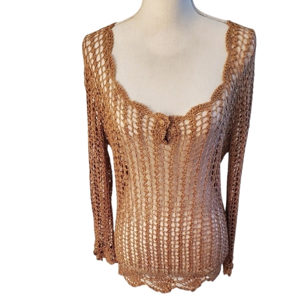 Worthington Crochet Knit Top Tan Long Sleeve Scoop Neck Scalloped Detail Size XL